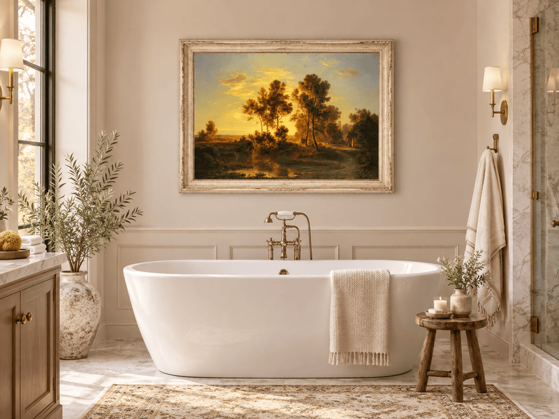 Hand-painted Golden Sunset Pond and Cottage landscape oil painting displayed as wall art in a styled interior
