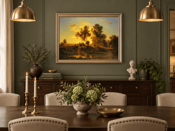 Hand-painted Golden Sunset Pond and Cottage landscape oil painting displayed as wall art in a styled interior