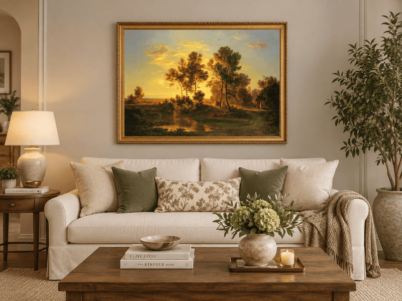Hand-painted Golden Sunset Pond and Cottage landscape oil painting displayed as wall art in a styled interior