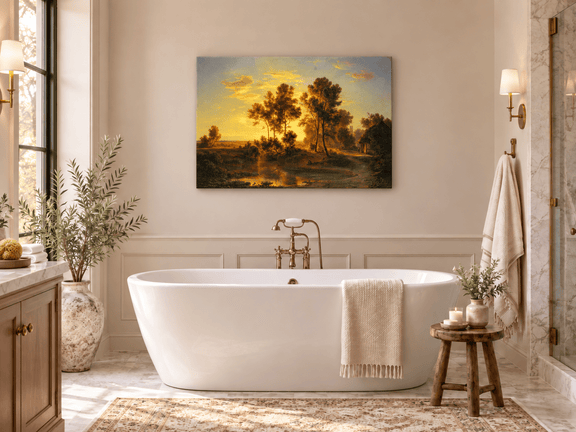 Hand-painted Golden Sunset Pond and Cottage landscape oil painting displayed as wall art in a styled interior