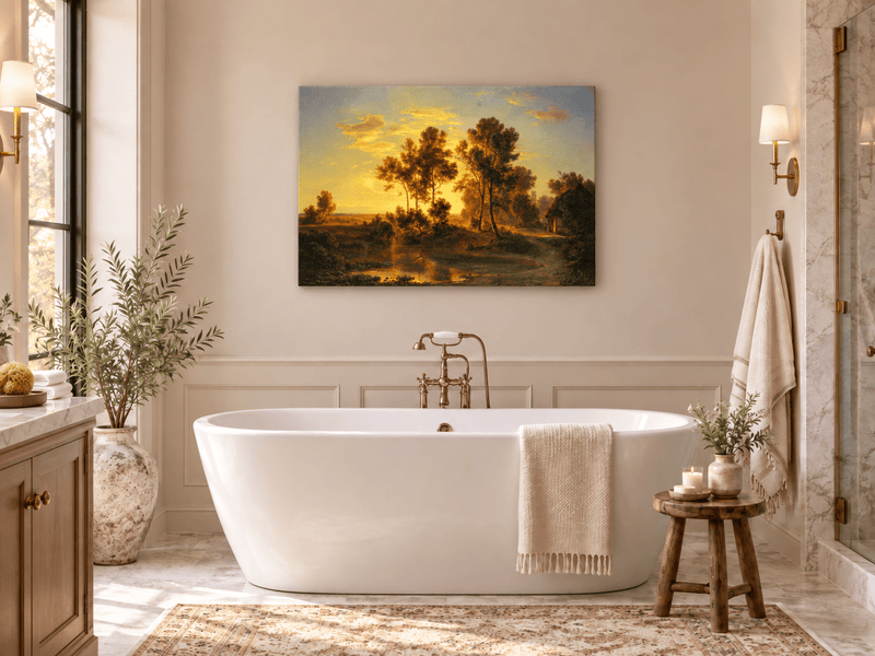 Hand-painted Golden Sunset Pond and Cottage landscape oil painting displayed as wall art in a styled interior