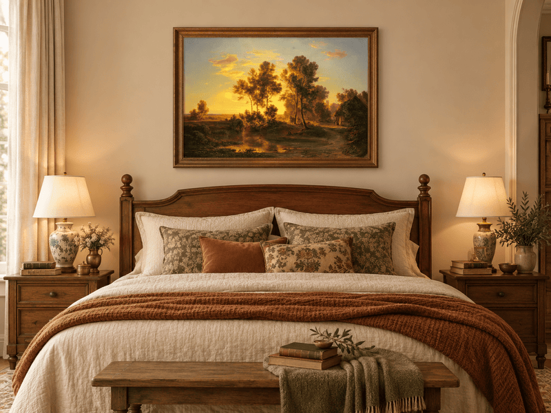 Hand-painted Golden Sunset Pond and Cottage landscape oil painting displayed as wall art in a styled interior