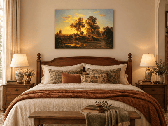 Hand-painted Golden Sunset Pond and Cottage landscape oil painting displayed as wall art in a styled interior