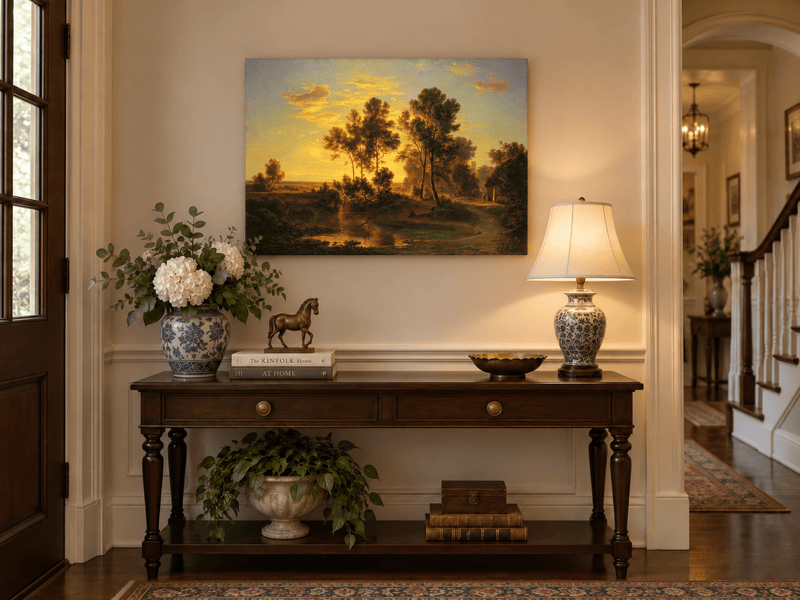 Hand-painted Golden Sunset Pond and Cottage landscape oil painting displayed as wall art in a styled interior