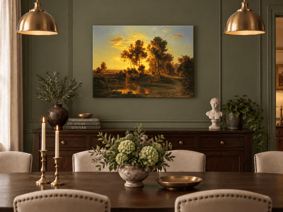 Hand-painted Golden Sunset Pond and Cottage landscape oil painting displayed as wall art in a styled interior