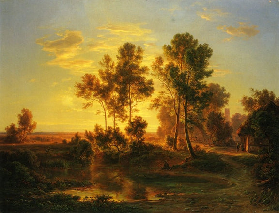 Landscape Oil Painting - Golden Sunset Pond and Cottage - Oil Painting Haven
