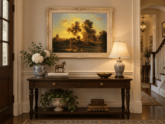 Hand-painted Golden Sunset Pond and Cottage landscape oil painting displayed as wall art in a styled interior