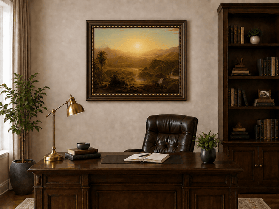 Golden sunset across a tropical valley landscape oil painting presented in an interior wall art mockup.