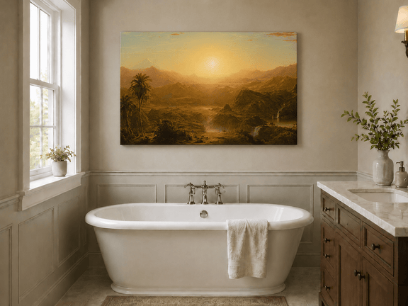 Golden sunset over a tropical valley with palm tree landscape oil painting presented as styled home decor.
