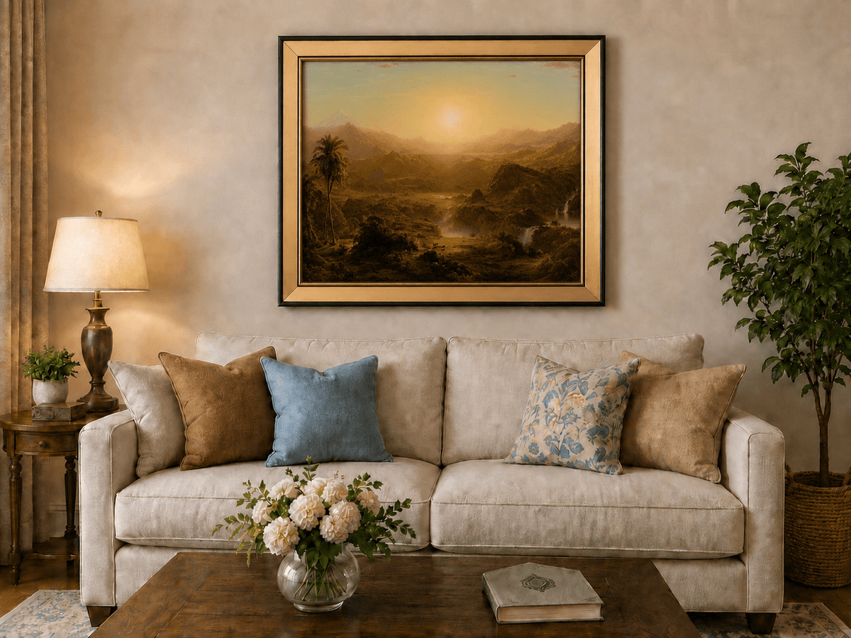 Golden sunset over a tropical valley with palm tree landscape oil painting displayed in a styled home interior.