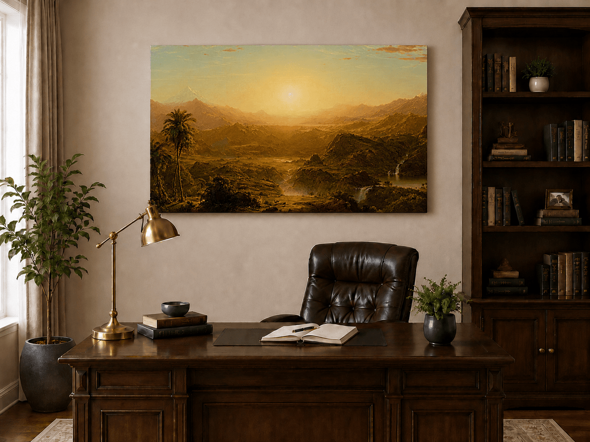Interior wall art view featuring a golden sunset tropical valley and palm tree oil painting.