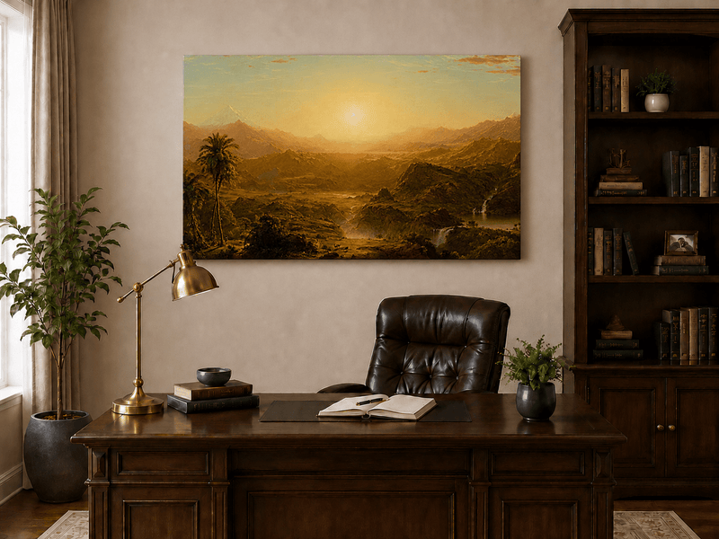 Interior wall art view featuring a golden sunset tropical valley and palm tree oil painting.