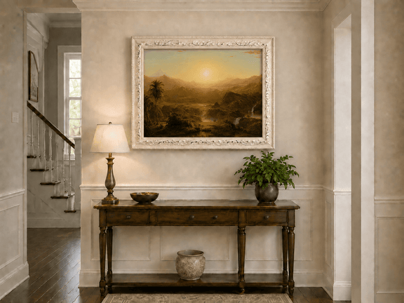 Tropical valley, palm tree and golden sunset hand-painted oil artwork shown as home wall decor.