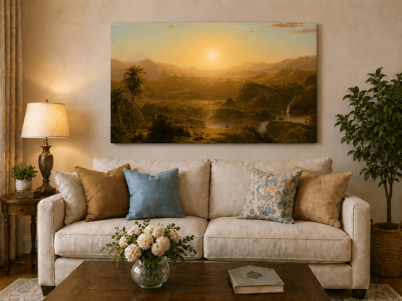 Tropical sunset valley hand-painted oil artwork displayed in a second interior view.