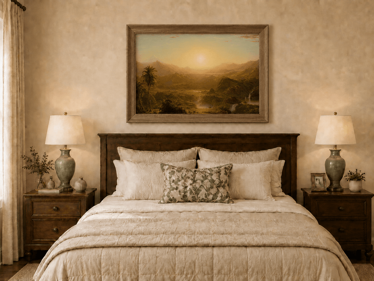 Hand-painted tropical valley with palm tree and golden sunset displayed as decorative wall art.