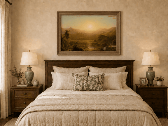 Hand-painted tropical valley with palm tree and golden sunset displayed as decorative wall art.