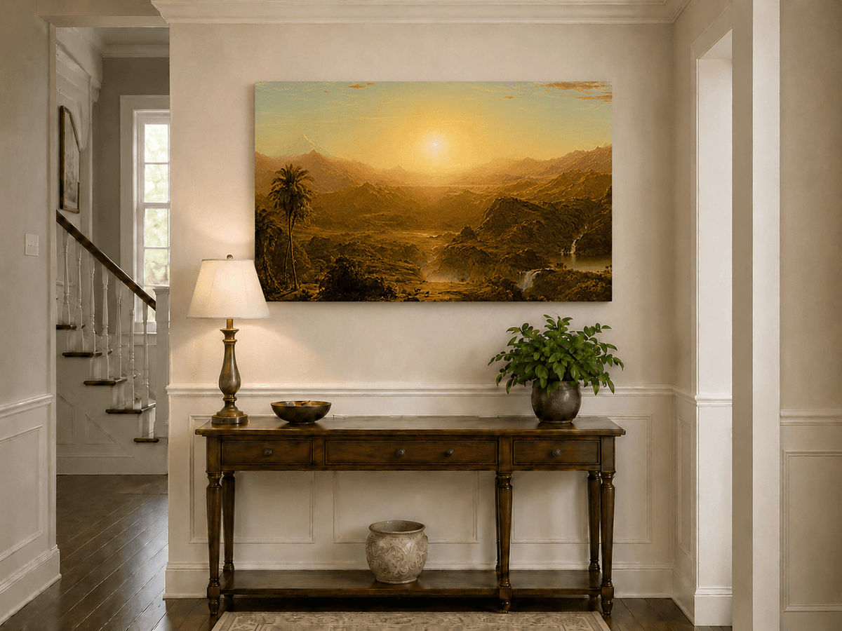Palm tree valley at sunset landscape painting shown as decorative oil wall art.