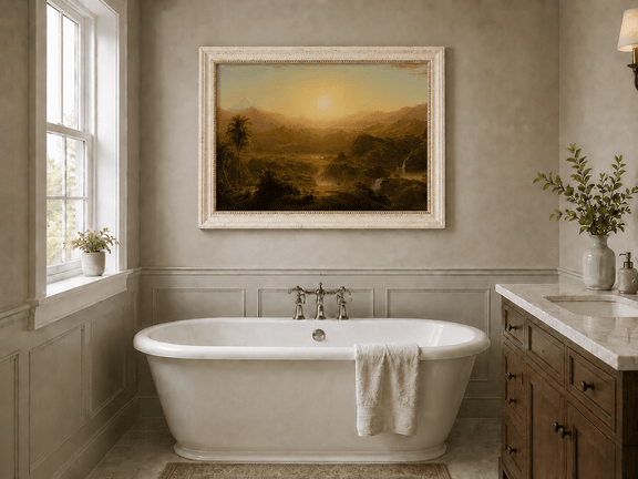 Golden tropical landscape oil painting presented as interior home decor.