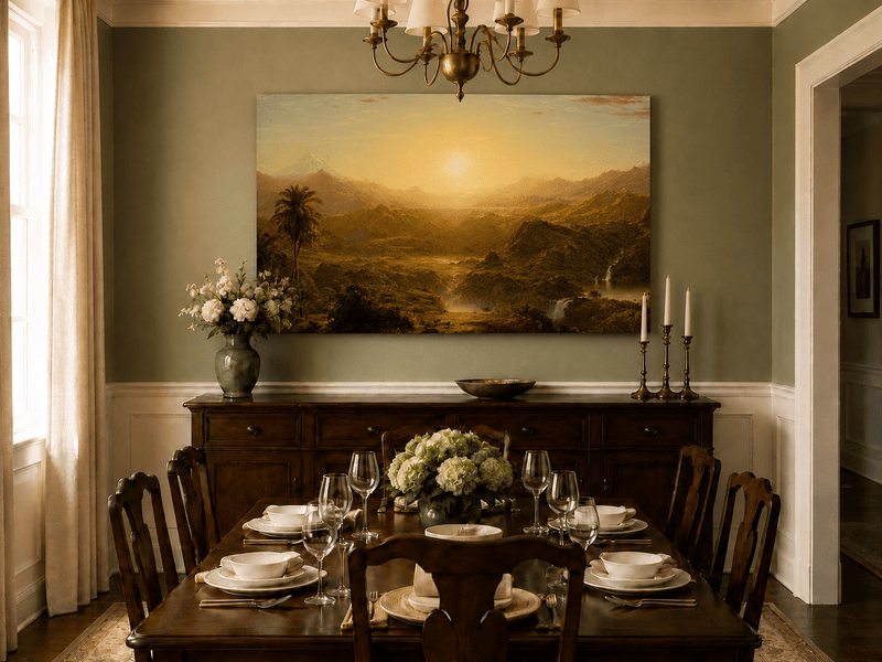 Hand-painted palm tree and tropical valley landscape artwork in an interior display.