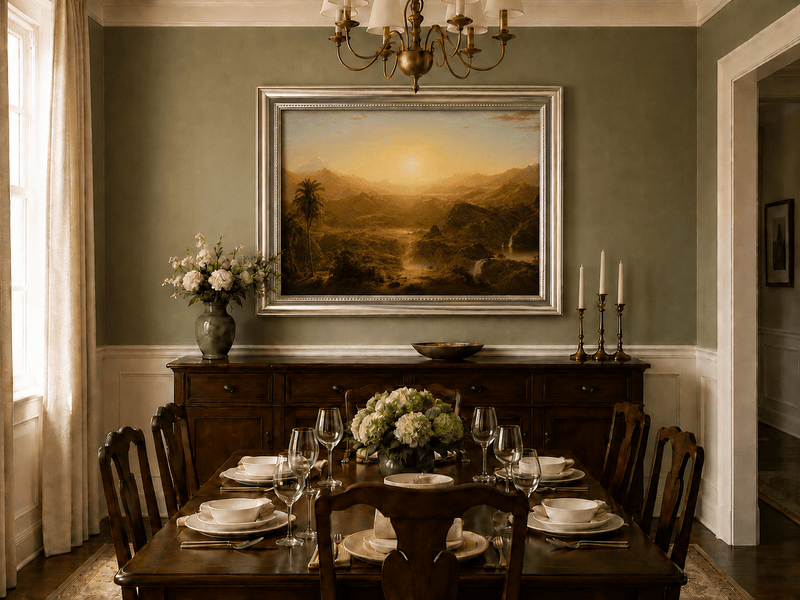 Tropical palm valley sunset oil landscape artwork shown in a styled home interior.