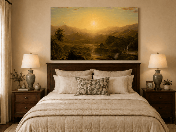 Golden tropical sunset oil painting displayed as landscape wall decor.