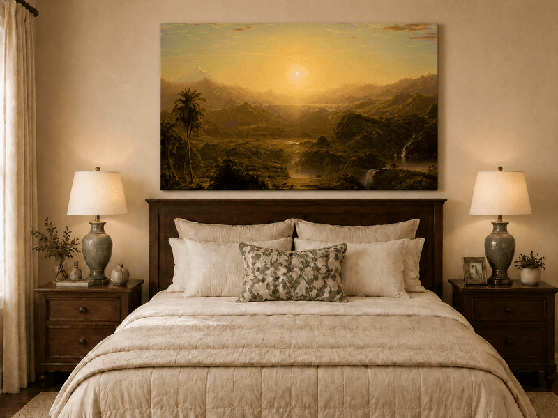 Golden tropical sunset oil painting displayed as landscape wall decor.