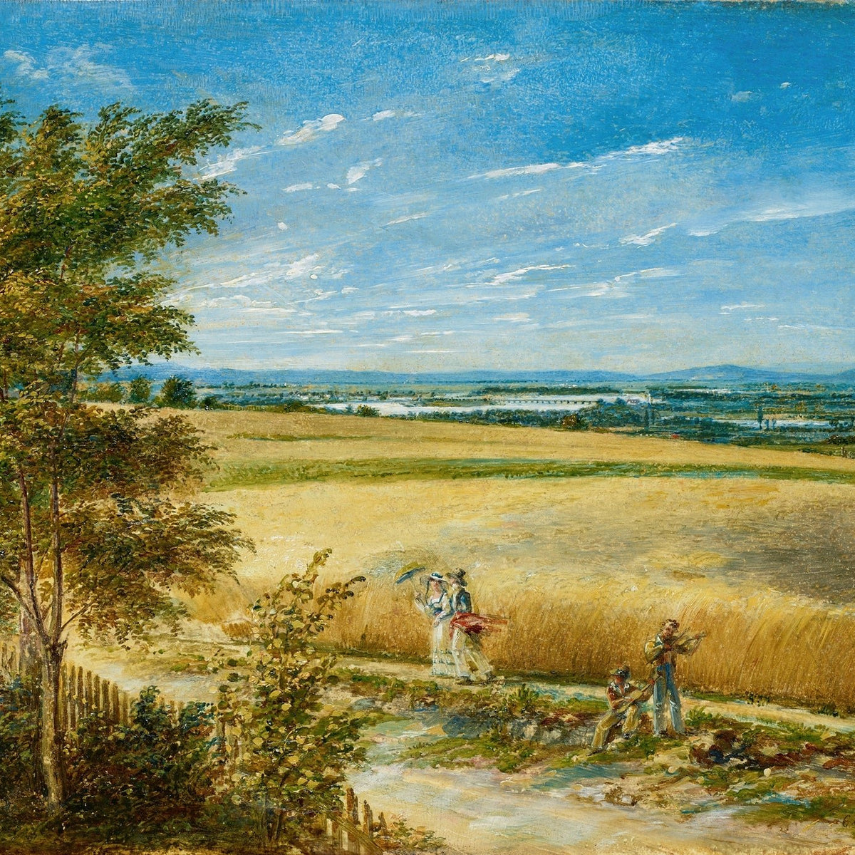 Landscape Oil Painting - Golden Wheat Field and Wide River View - Oil Painting Haven