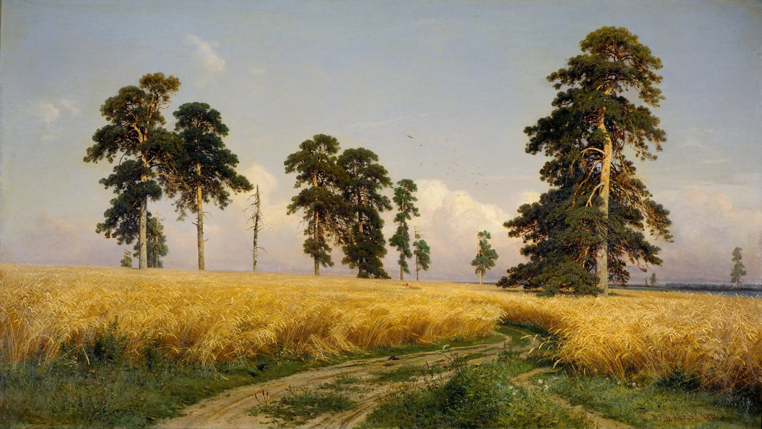 Landscape oil painting of a golden wheat field with tall pine trees, textured brushwork on canvas. - Add Frame, Canvas, Country, Field, Forest, Hand Painted, Landscape, Made To Order, Oil Painting