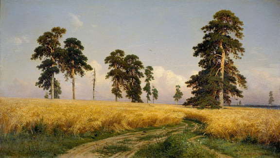 Landscape oil painting of a golden wheat field with tall pine trees, textured brushwork on canvas. - Add Frame, Canvas, Country, Field, Forest, Hand Painted, Landscape, Made To Order, Oil Painting