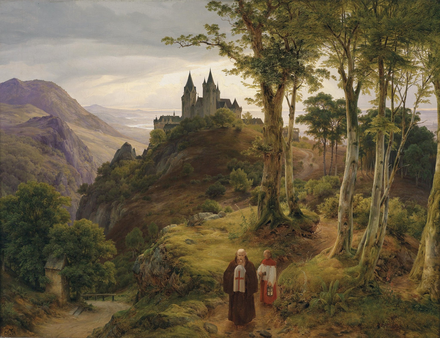 Landscape Oil Painting - Gothic Castle Hill & Monks, Forest Path, Valley - Oil Painting Haven