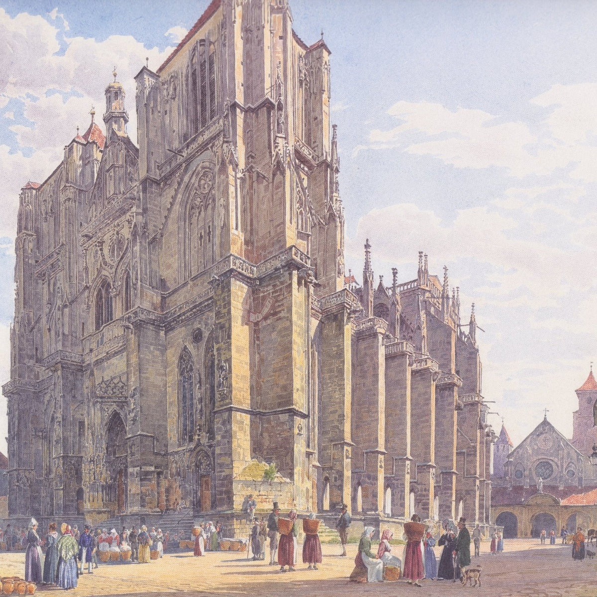 Hand-painted gothic cathedral square with figures landscape oil painting on canvas