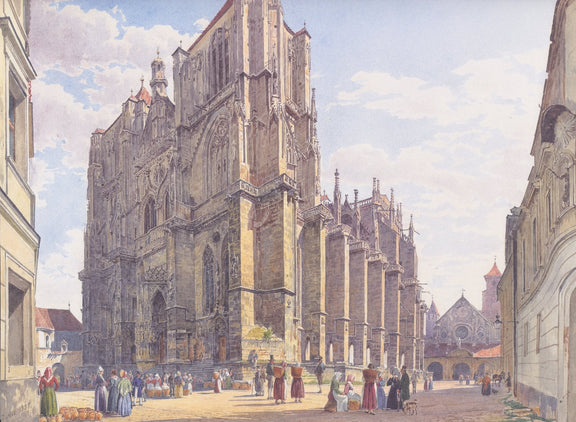 Hand-painted gothic cathedral square with figures landscape oil painting on canvas
