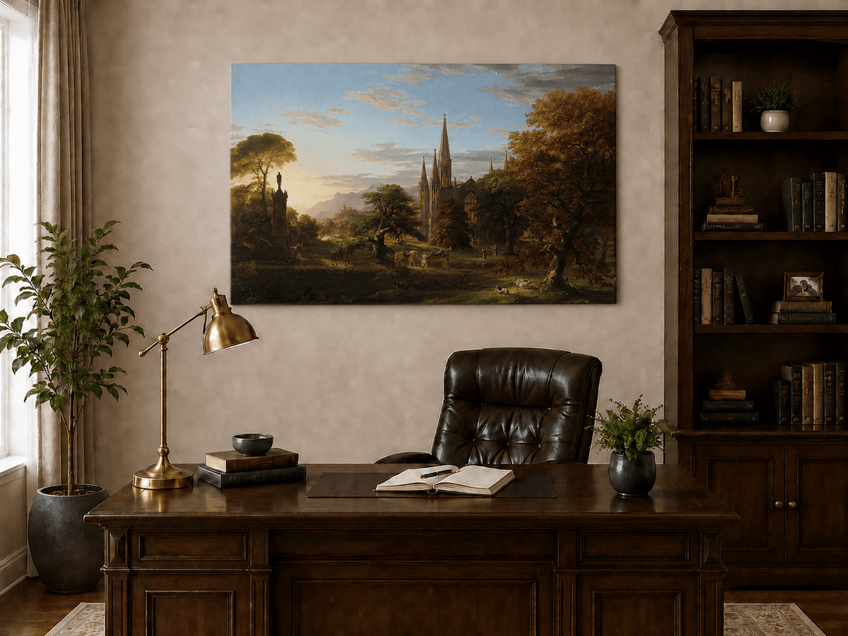 Peinture à l'huile de paysage - Paysage gothique au coucher du soleil sur une cathédrale
