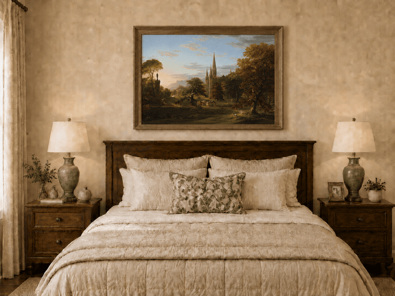 Peinture à l'huile de paysage - Paysage gothique au coucher du soleil sur une cathédrale