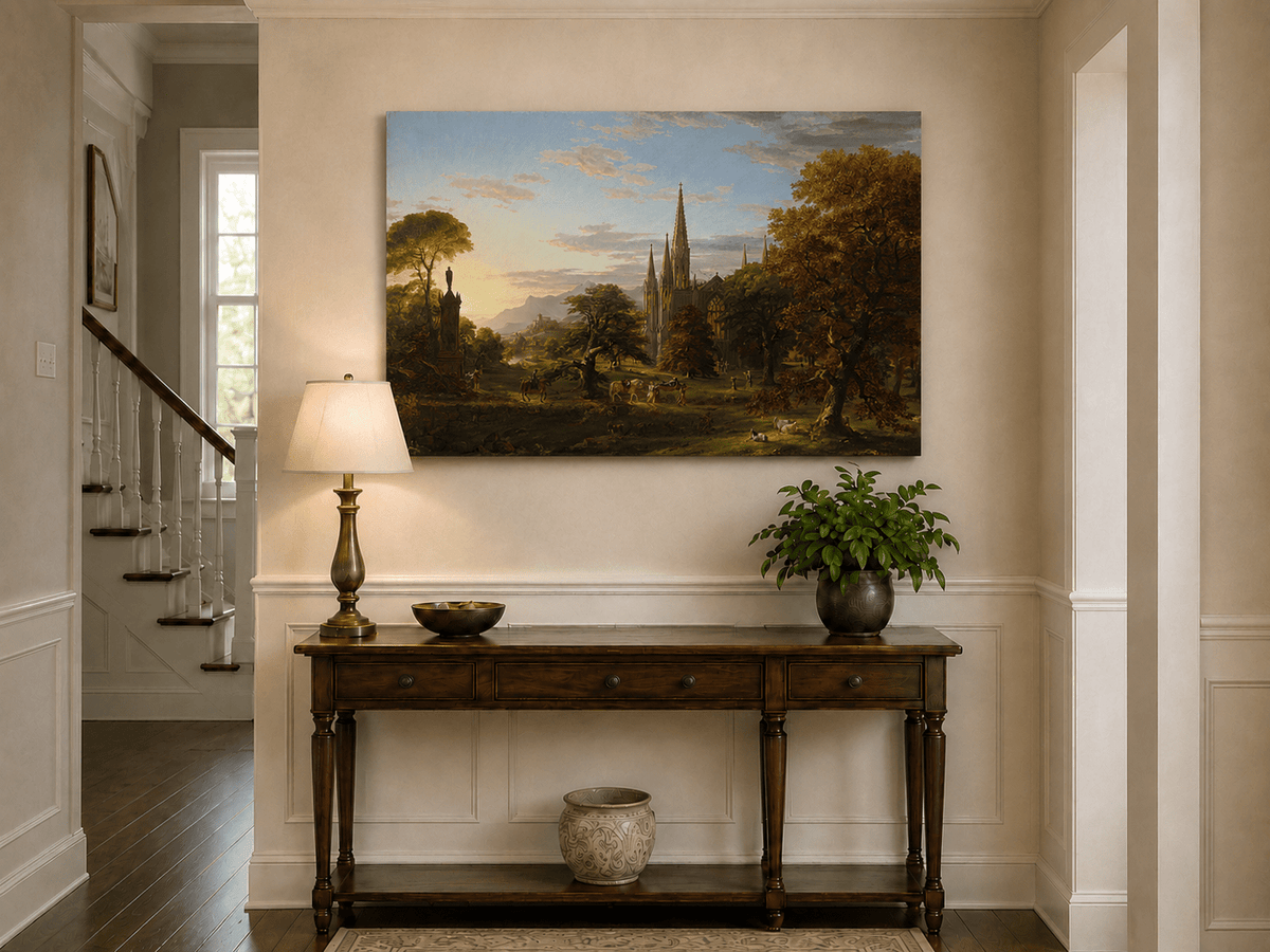 Peinture à l'huile de paysage - Paysage gothique au coucher du soleil sur une cathédrale