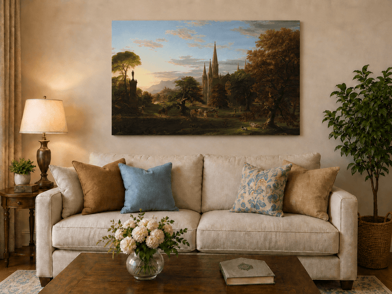 Peinture à l'huile de paysage - Paysage gothique au coucher du soleil sur une cathédrale