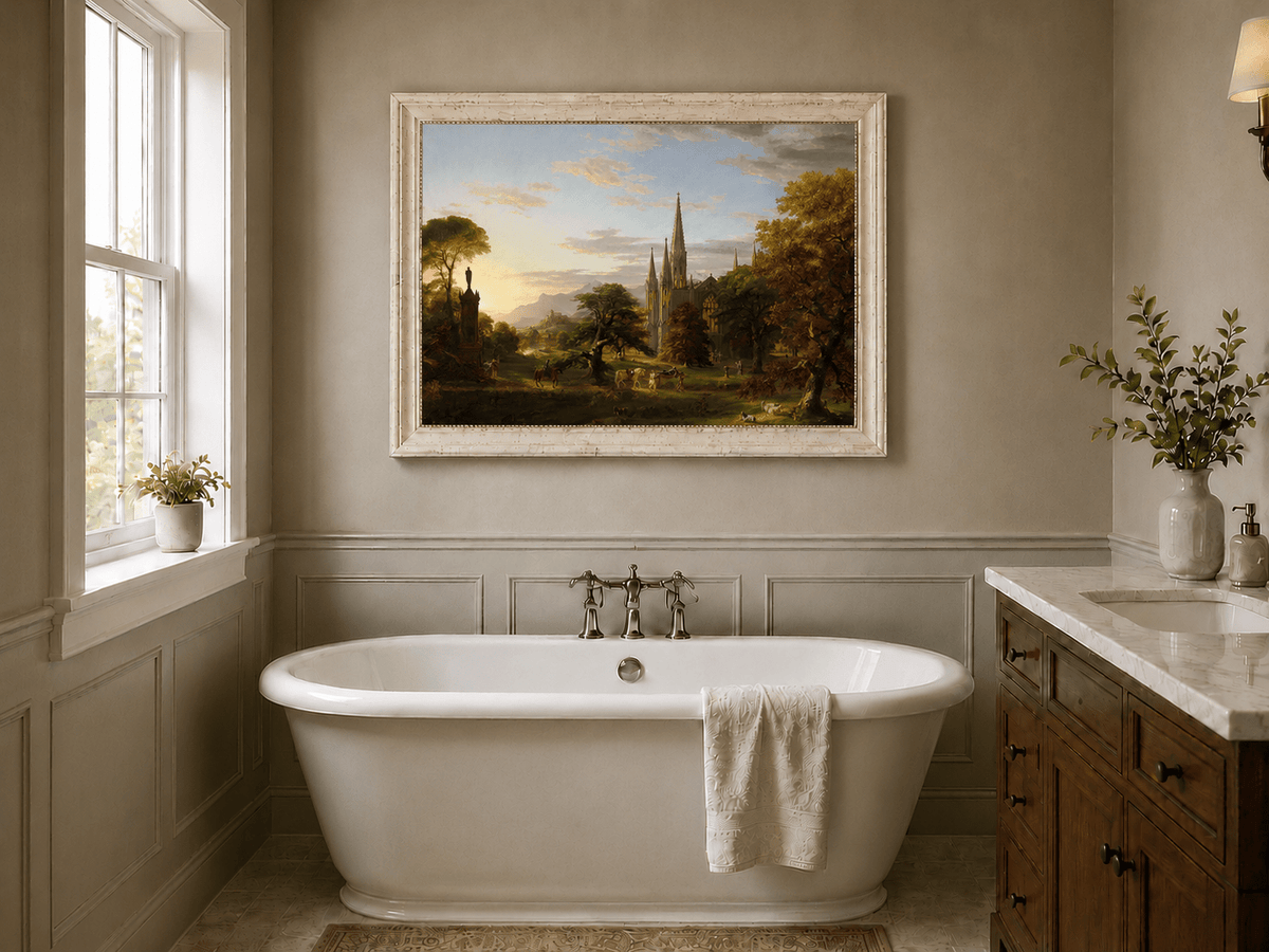 Peinture à l'huile de paysage - Paysage gothique au coucher du soleil sur une cathédrale