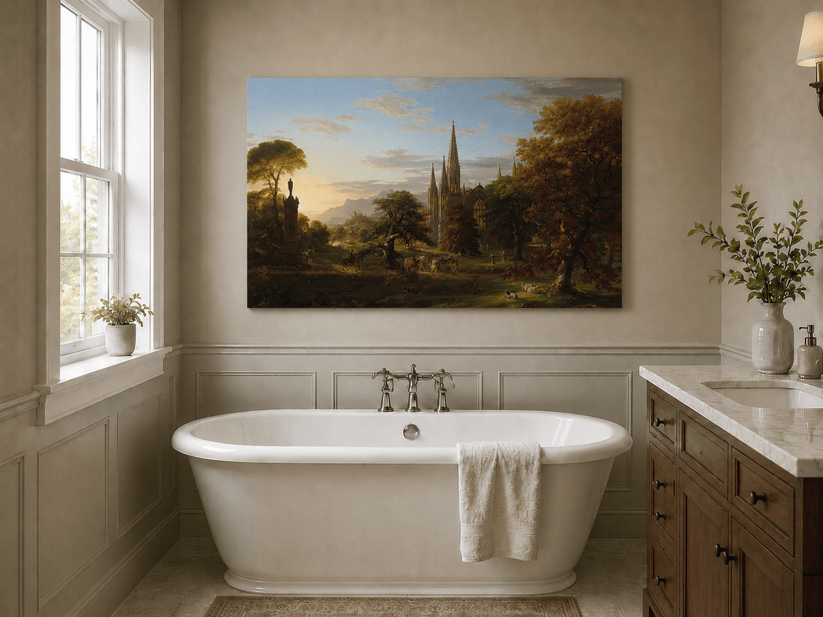 Peinture à l'huile de paysage - Paysage gothique au coucher du soleil sur une cathédrale