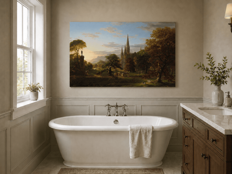 Peinture à l'huile de paysage - Paysage gothique au coucher du soleil sur une cathédrale