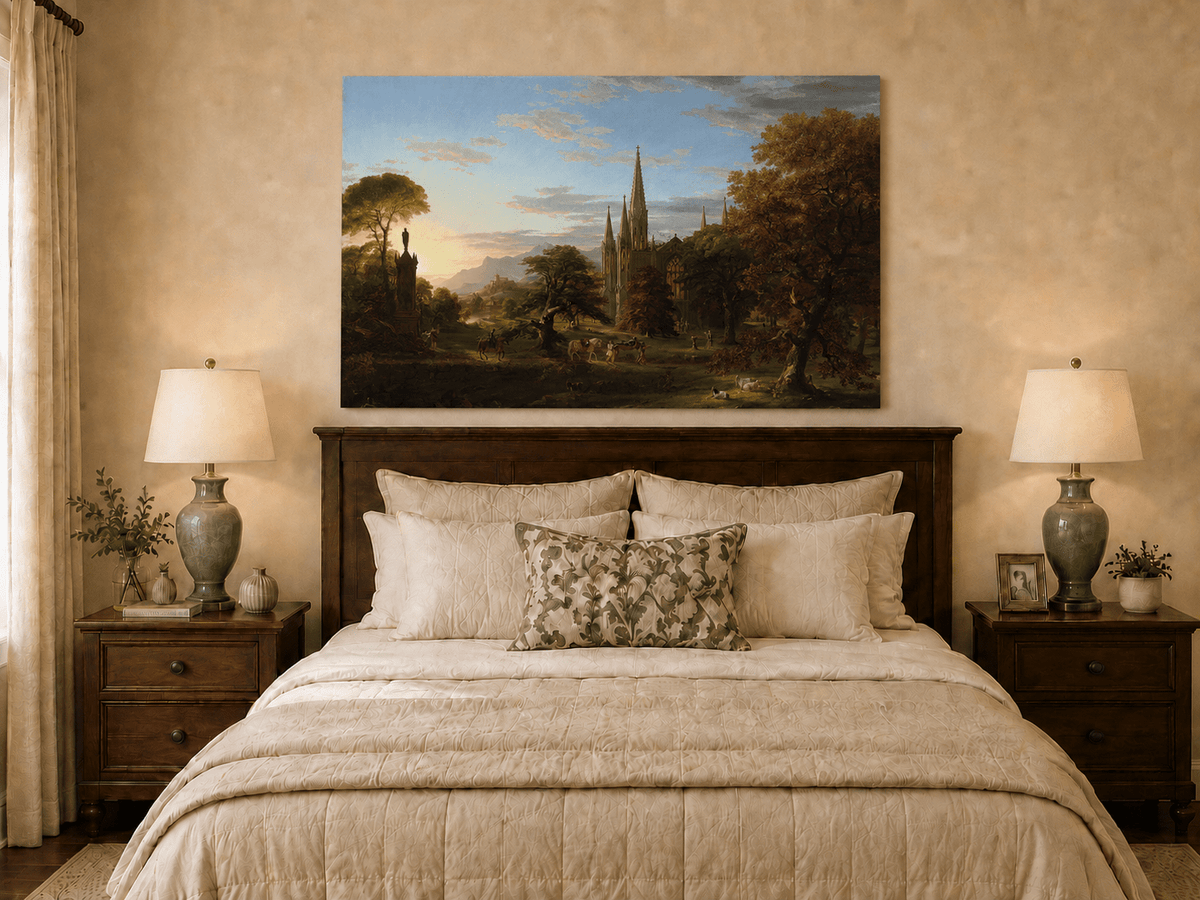 Peinture à l'huile de paysage - Paysage gothique au coucher du soleil sur une cathédrale