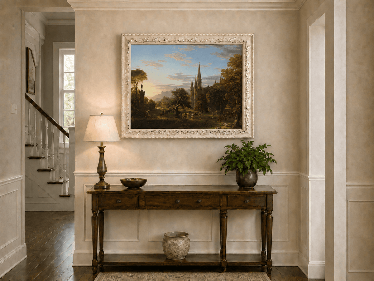 Peinture à l'huile de paysage - Paysage gothique au coucher du soleil sur une cathédrale
