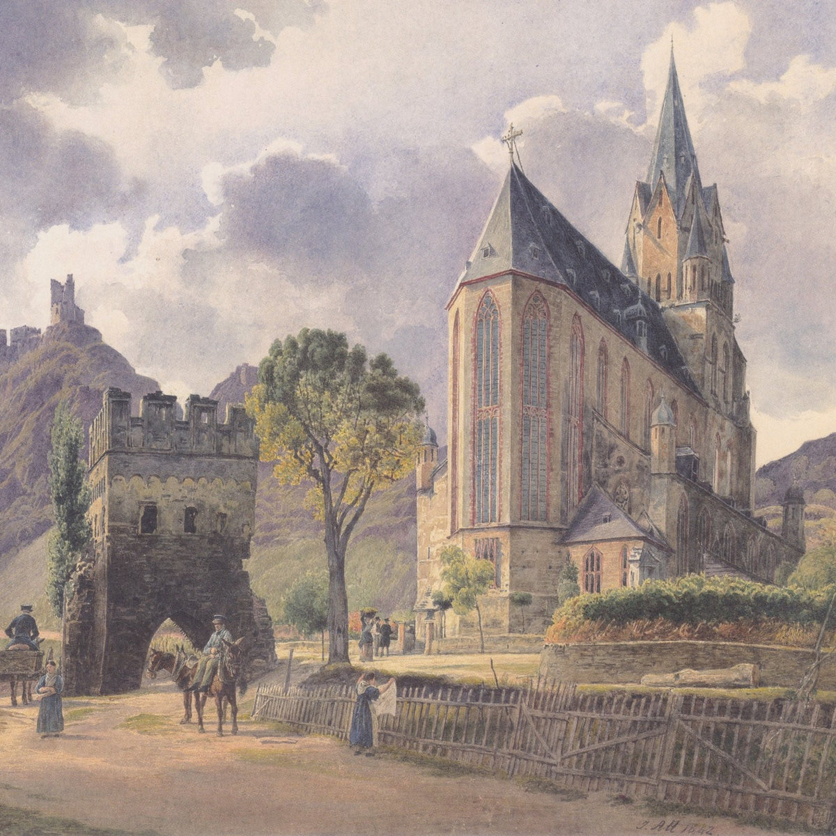 Hand-painted gothic church and castle ruins landscape oil painting on canvas