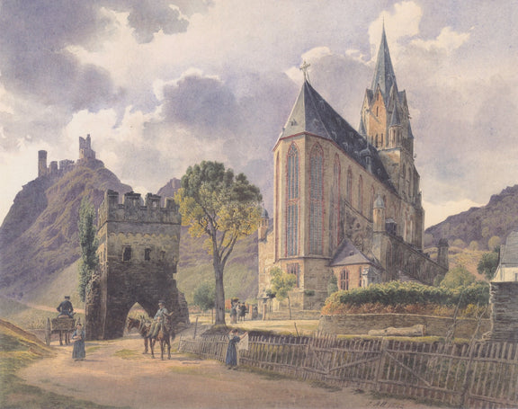 Hand-painted gothic church and castle ruins landscape oil painting on canvas