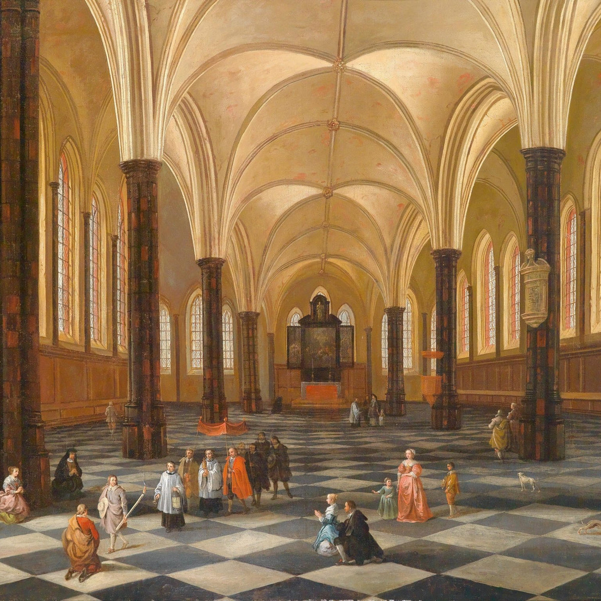 Landscape Oil Painting - Gothic Church Interior: Checkered Floor & Altar - Oil Painting Haven