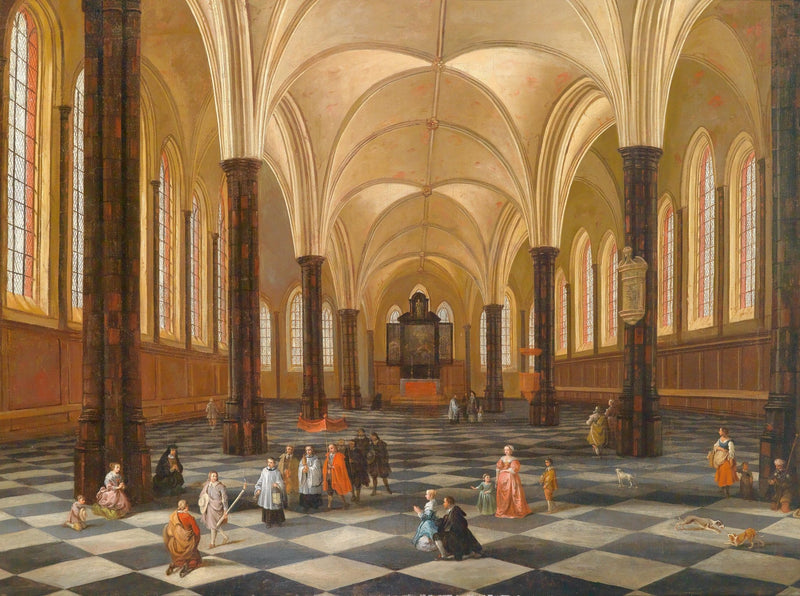 Landscape Oil Painting - Gothic Church Interior: Checkered Floor & Altar - Oil Painting Haven