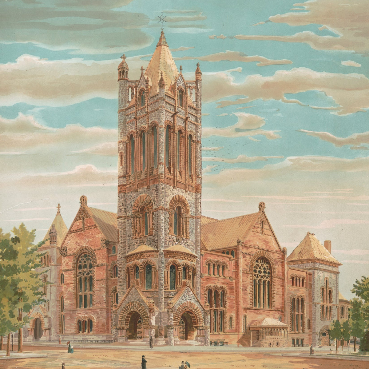 Landscape Oil Painting - Grand Brick Church with Bell Tower View - Oil Painting Haven