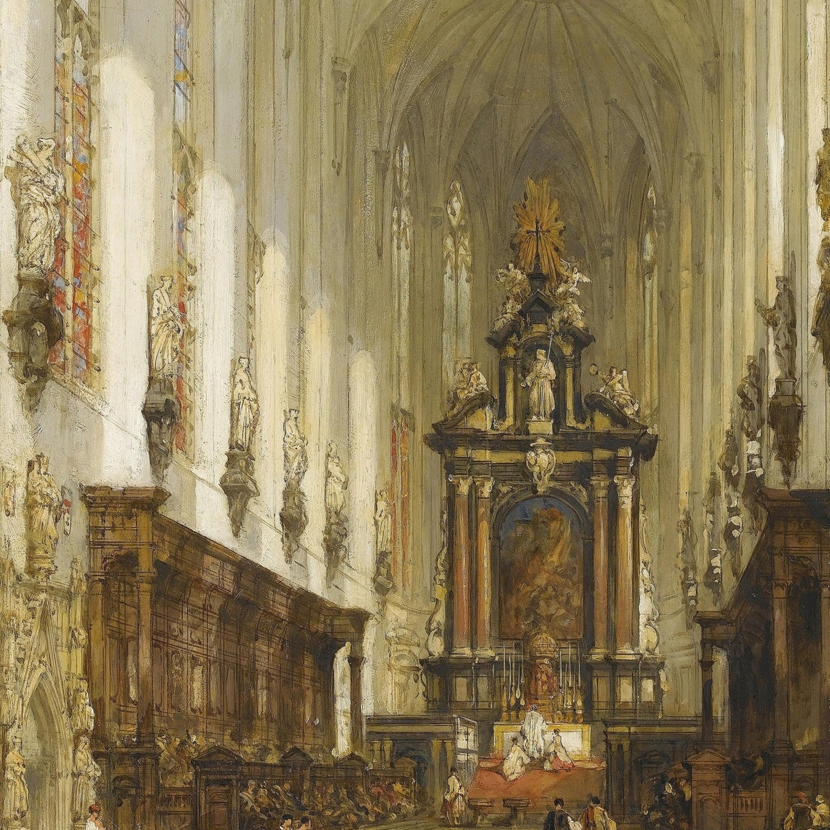 Landscape Oil Painting - Grand Cathedral Interior with Figures - Oil Painting Haven