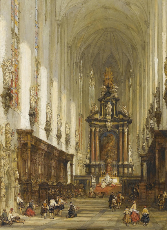 Landscape Oil Painting - Grand Cathedral Interior with Figures - Oil Painting Haven