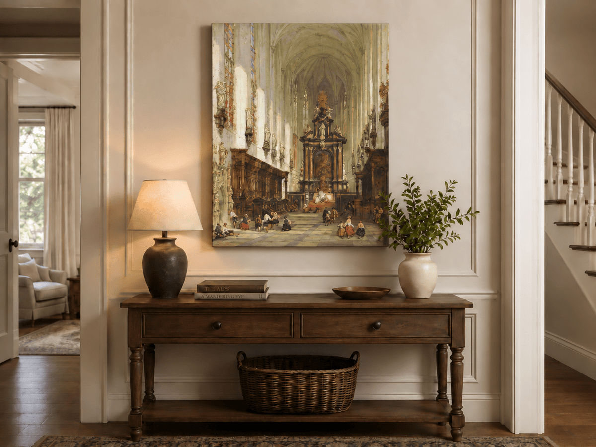 Landscape Oil Painting - Grand Cathedral Interior with Figures