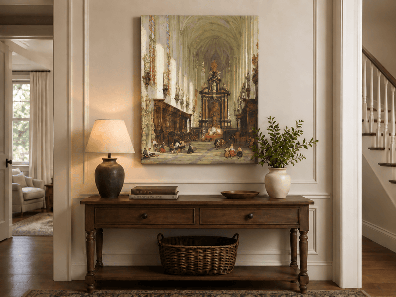 Landscape Oil Painting - Grand Cathedral Interior with Figures